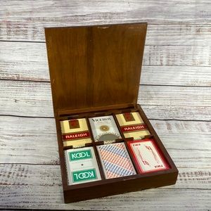 Vintage Wooden Playing Card Box, 9 Decks of Vintage Cards Included
